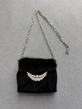 Vintage Mitchie's Velvet Real Fur Rhinestone Crossbody Evening Bag